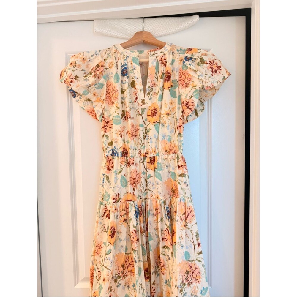 New ULLA JOHNSON Marin Cotton Floral Multicolor Pleated Ruffle-Sleeve Midi Dress - Picture 7 of 13